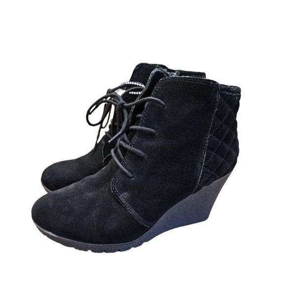 MIA Black Suede Quilted Ankle Booties Womens 6.5 Wedge Boots - Picture 1 of 10